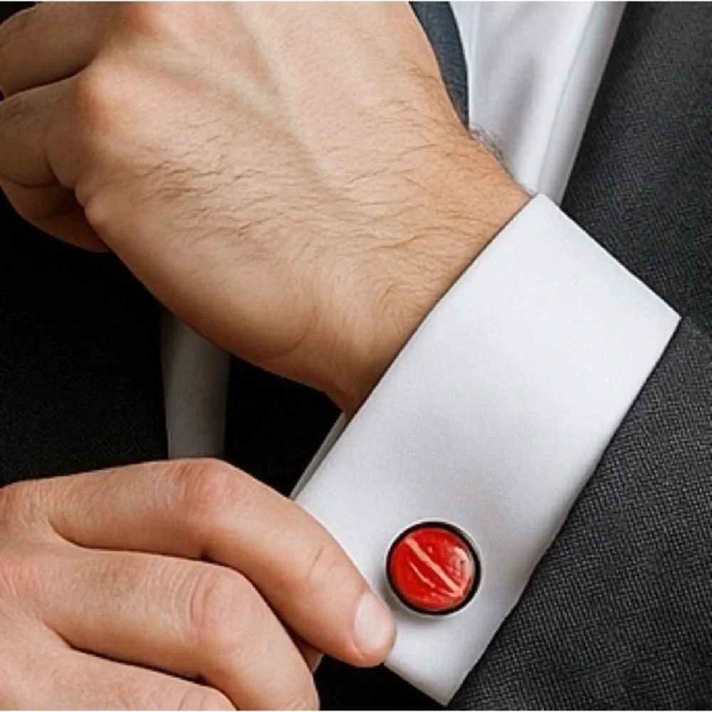 Handmade Red Fluid Art Glass Cabochon Cufflinks Brass Setting by Svetlana Yeung